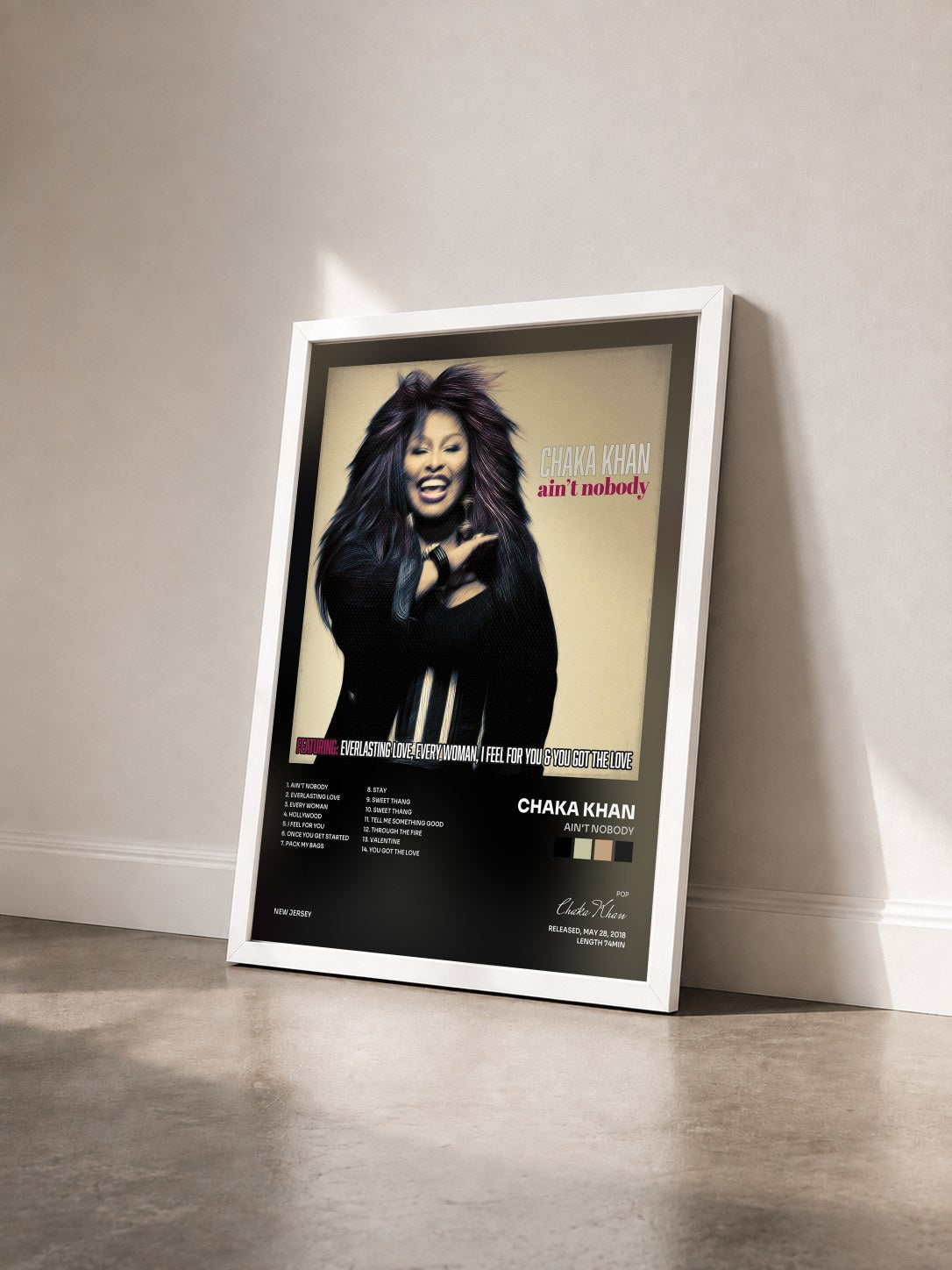 #blanc Tableau de l'album Ain't Nobody de Chaka Khan vu de trois quarts, cadre blanc