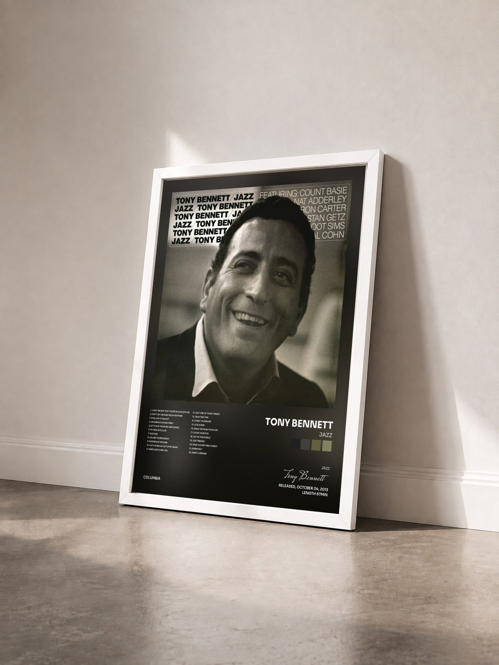 #blanc Jazz de Tony Bennett en lámina enmarcada vista de tres cuartos, marco blanco