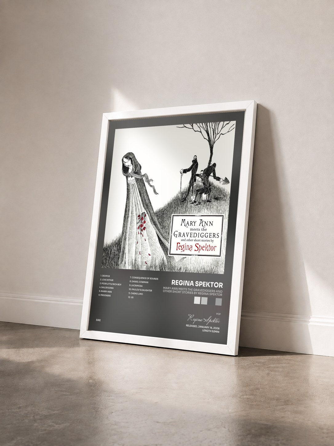 #blanc Tableau de l'album Mary Ann Meets the Gravediggers and Other Short Stories by Regina Spektor de Regina Spektor vu de trois quarts, cadre blanc