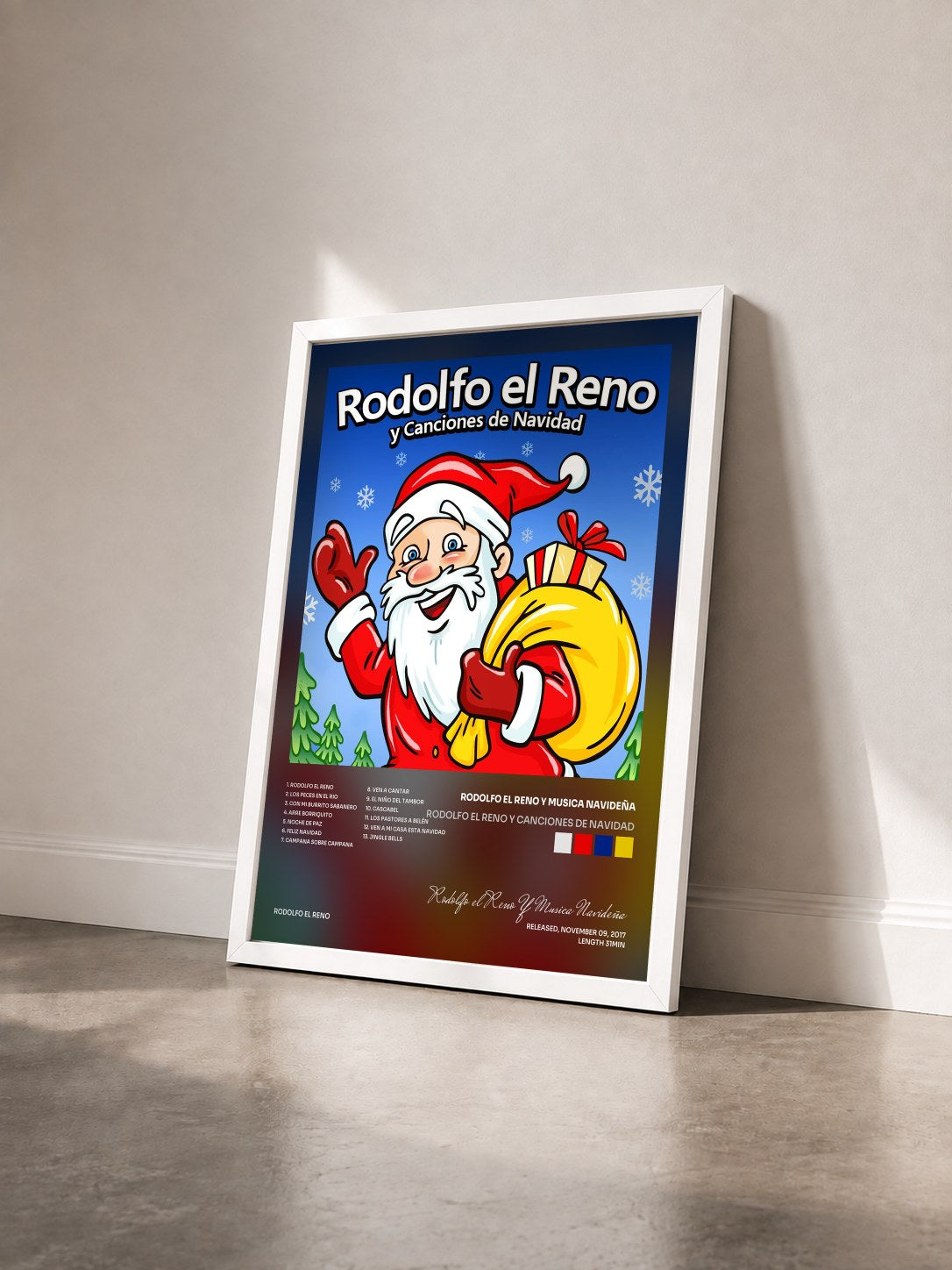 #blanc Tableau de l'album Rodolfo El Reno Y Canciones De Navidad de Rodolfo el Reno Y Musica Navideña vu de trois quarts, cadre blanc