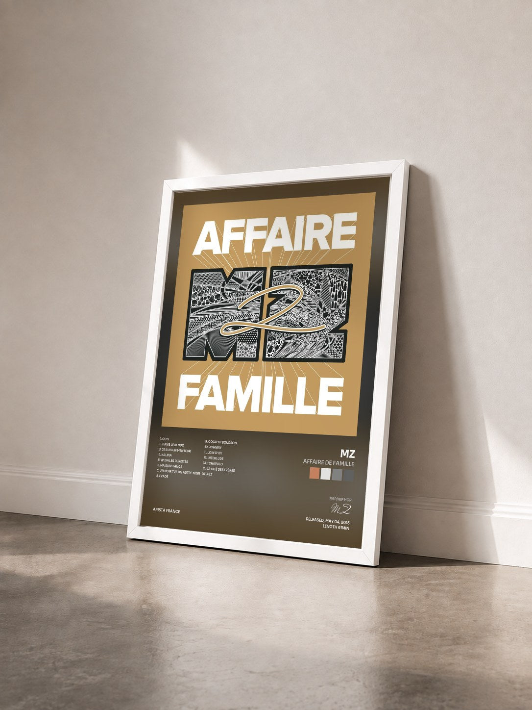 #blanc Tableau de l'album Affaire de famille de MZ vu de trois quarts, cadre blanc