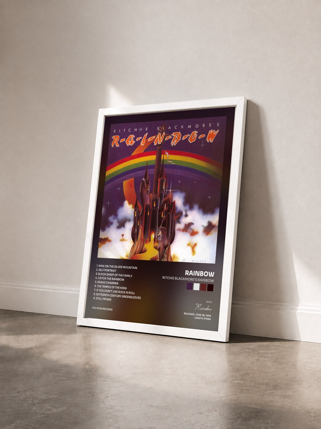 #blanc Tableau de l'album Ritchie Blackmore's Rainbow de Rainbow vu de trois quarts, cadre blanc