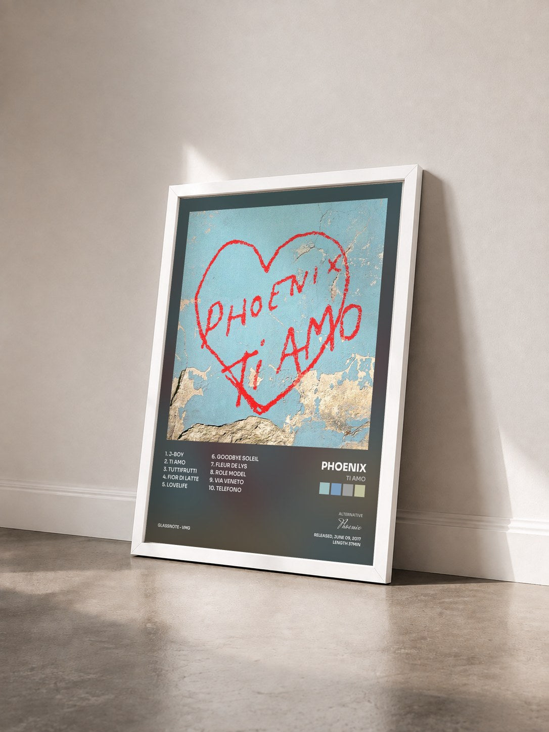 #blanc Tableau de l'album Ti Amo de Phoenix vu de trois quarts, cadre blanc