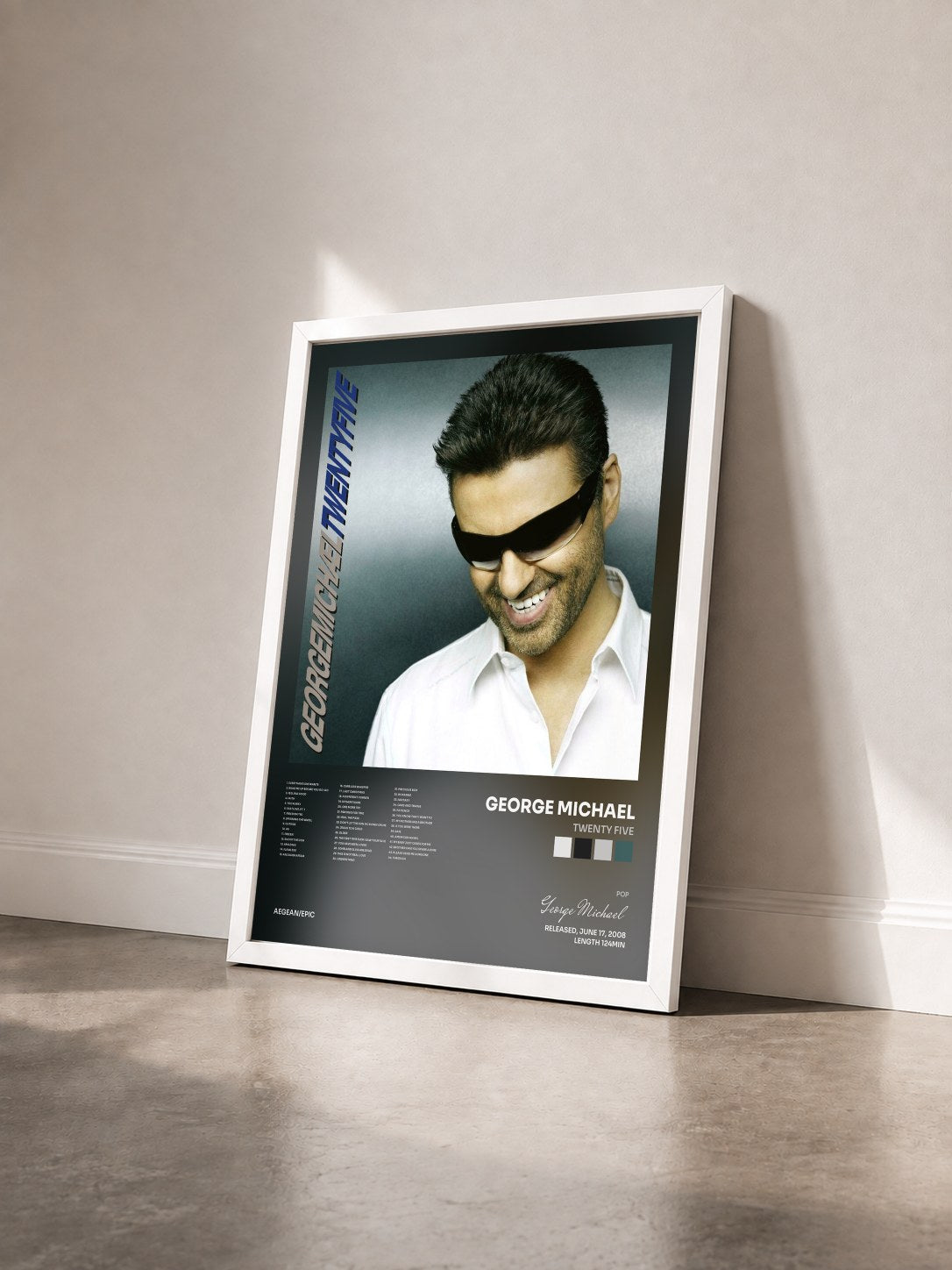 #blanc Tableau de l'album Twenty Five de George Michael vu de trois quarts, cadre blanc