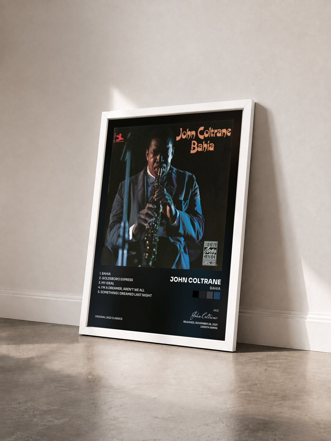 #blanc Tableau de l'album Bahia de John Coltrane vu de trois quarts, cadre blanc