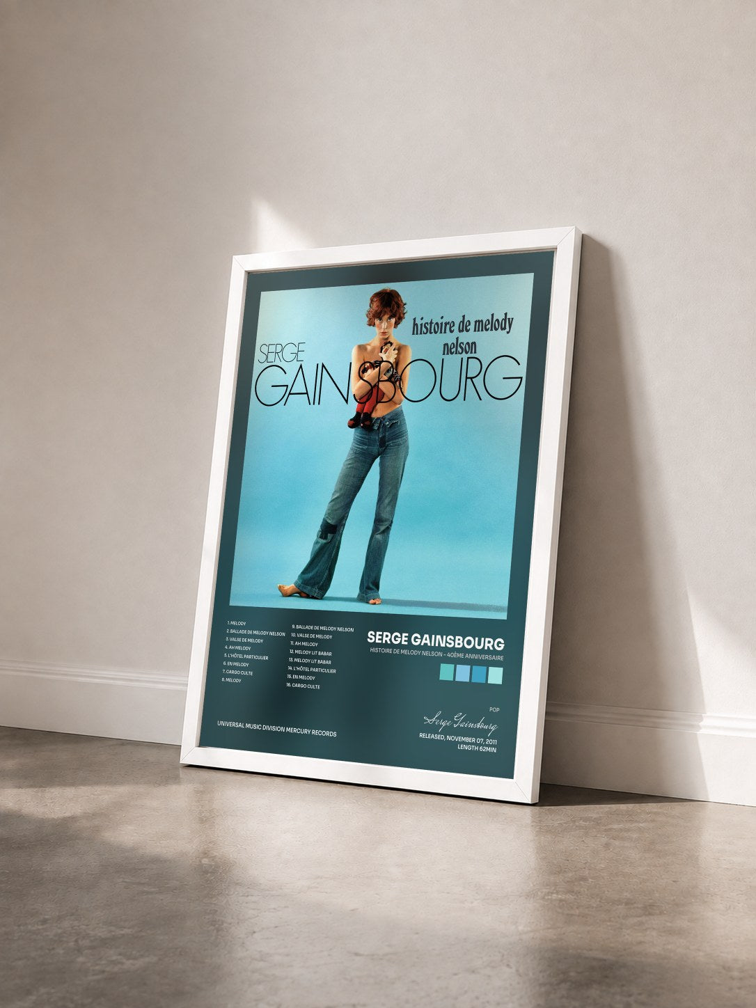 #blanc Tableau de l'album Histoire De Melody Nelson - 40ème Anniversaire de Serge Gainsbourg vu de trois quarts, cadre blanc