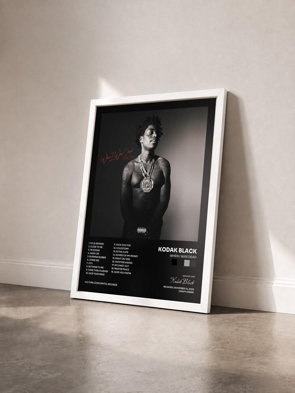 #blanc Tableau de l'album When I Was Dead de Kodak Black vu de trois quarts, cadre blanc