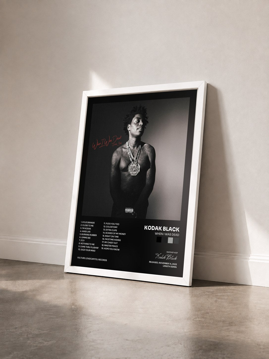 #blanc Tableau de l'album When I Was Dead de Kodak Black vu de trois quarts, cadre blanc