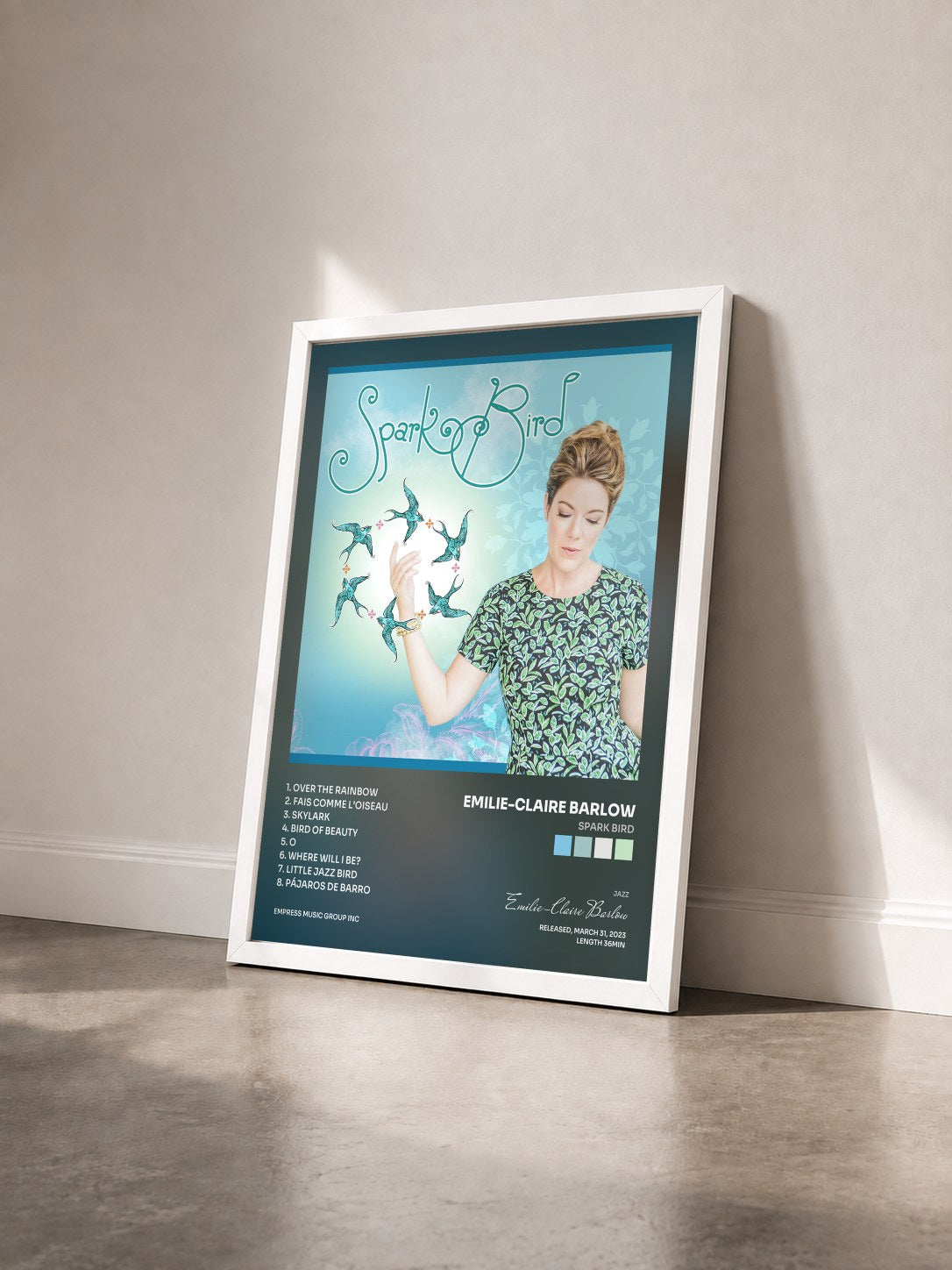 #blanc Tableau de l'album Spark Bird de Emilie-Claire Barlow vu de trois quarts, cadre blanc