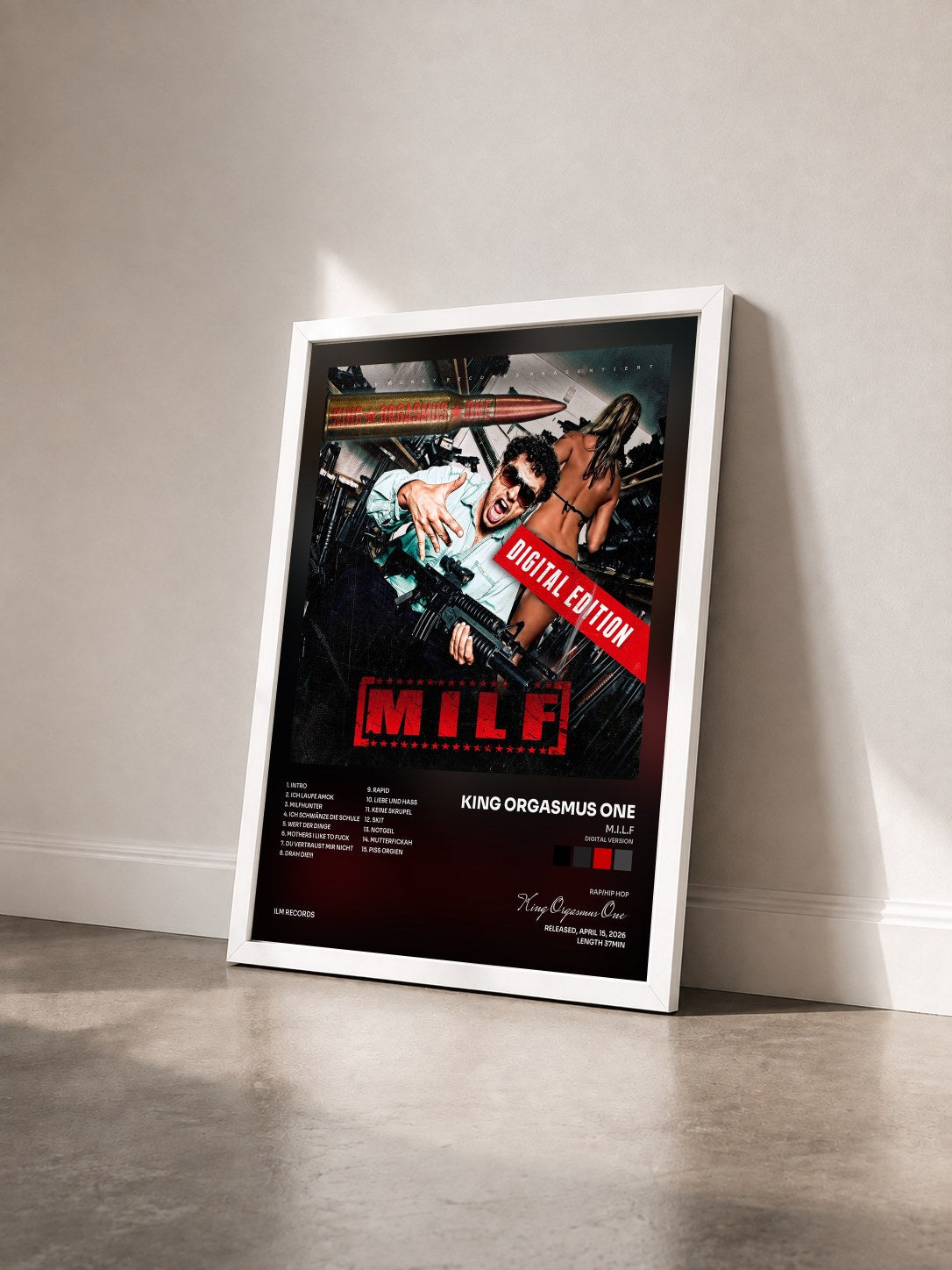 #blanc Tableau de l'album M.I.L.F (Digital Version) de King Orgasmus One vu de trois quarts, cadre blanc