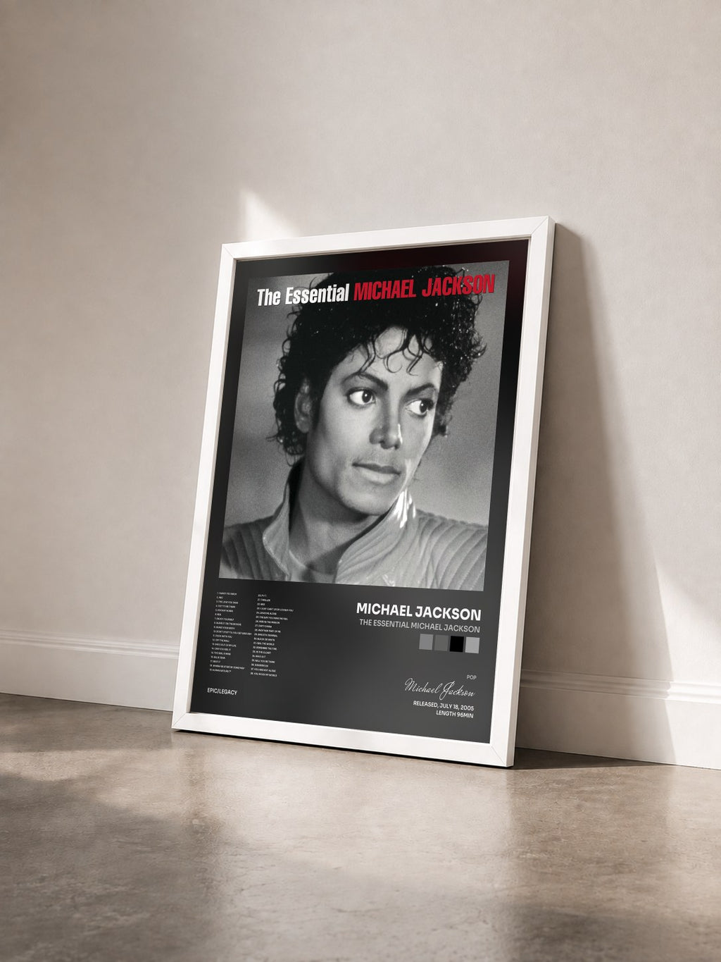 #blanc Tableau de l'album The Essential Michael Jackson de Michael Jackson vu de trois quarts, cadre blanc