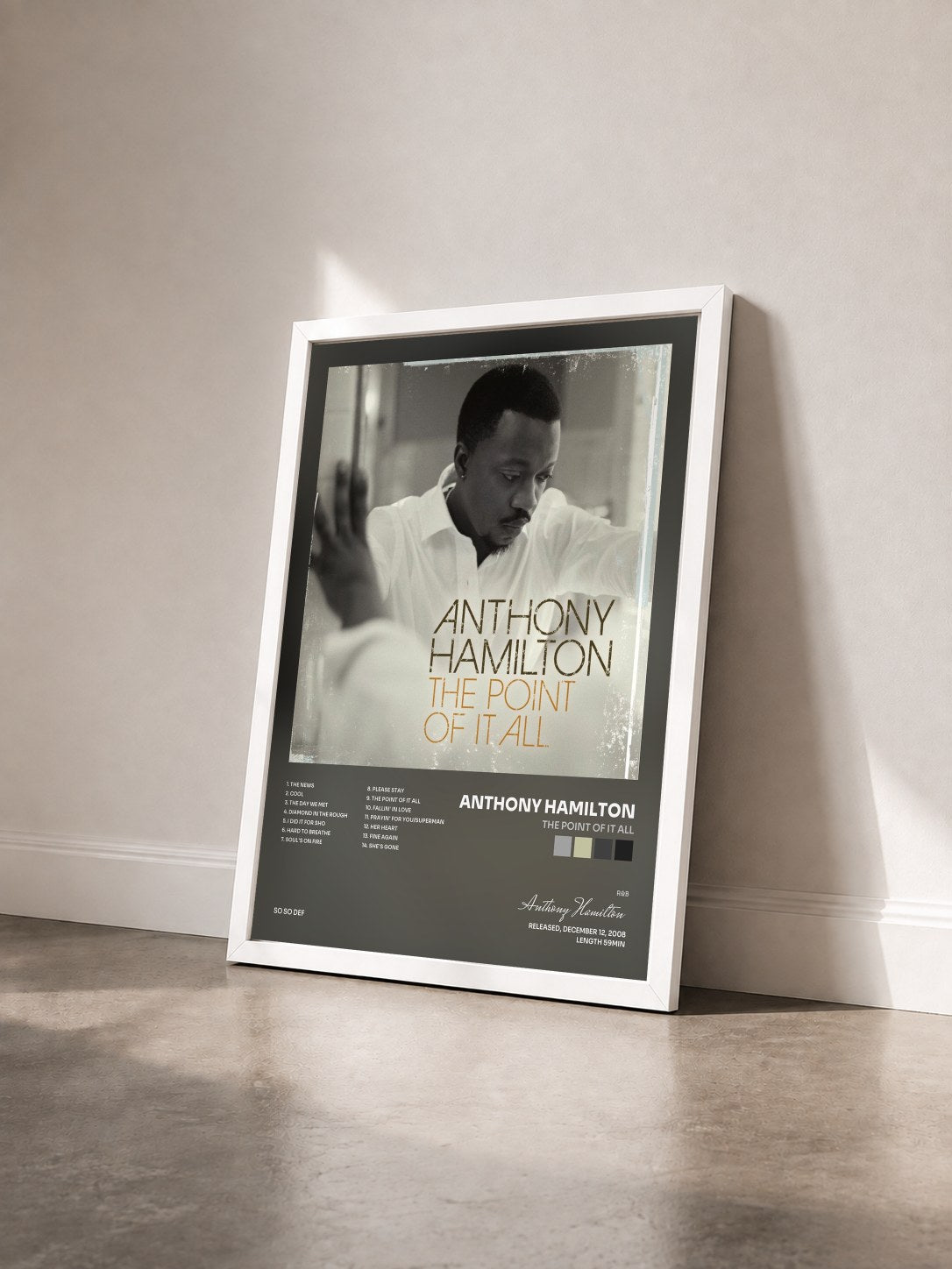 #blanc The Point Of It All von Anthony Hamilton als gerahmter Kunstdruck von schräg gesehen, weißer Rahmen