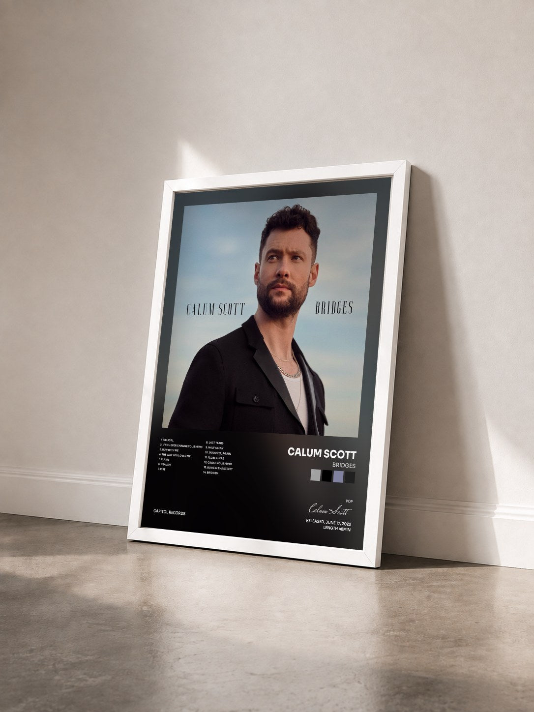 #blanc Tableau de l'album Bridges de Calum Scott vu de trois quarts, cadre blanc