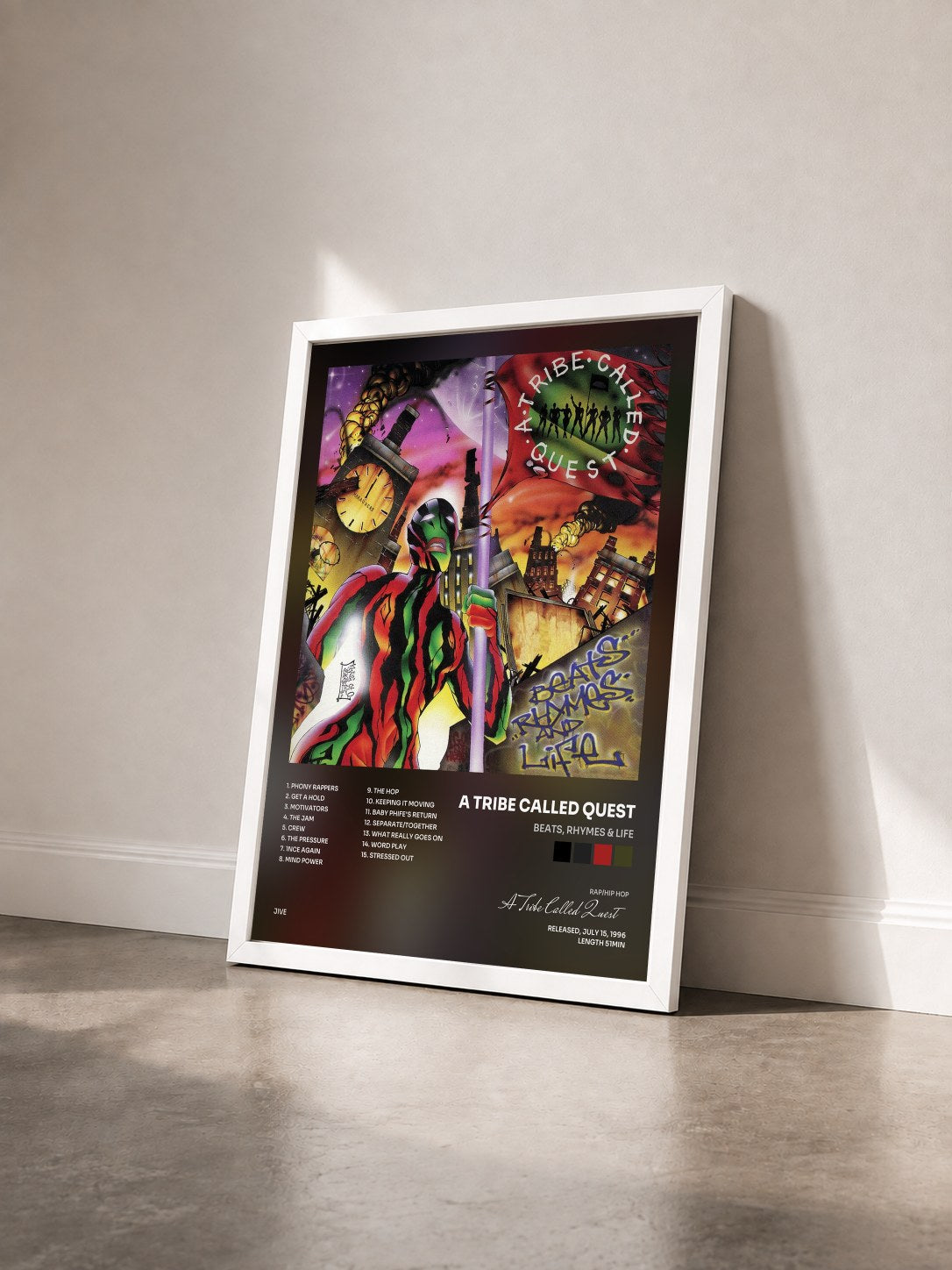 #blanc Tableau de l'album Beats, Rhymes & Life de A Tribe Called Quest vu de trois quarts, cadre blanc