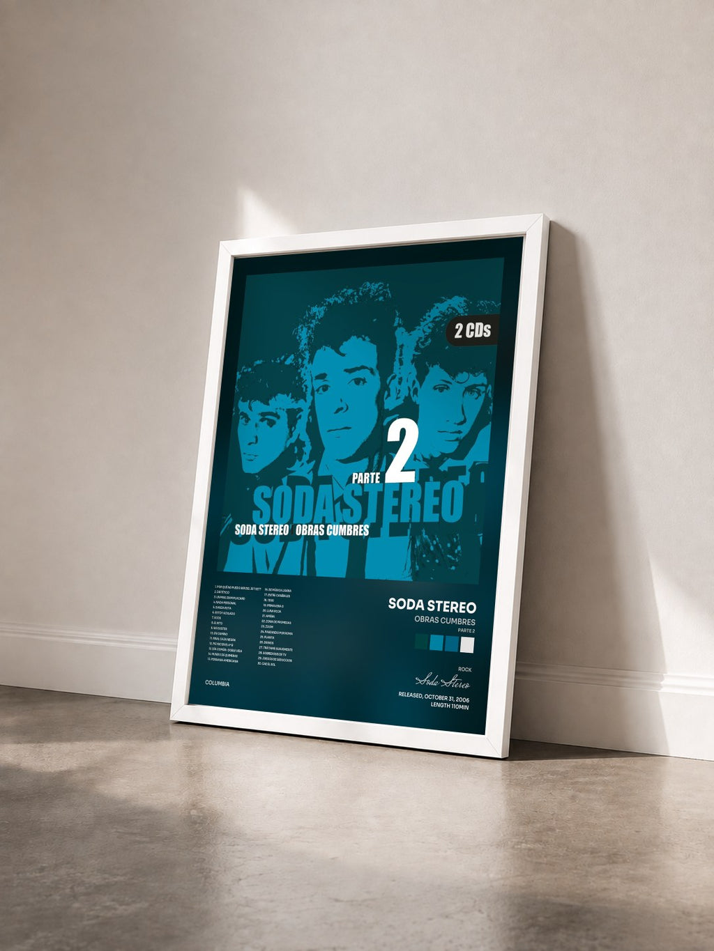 #blanc Tableau de l'album Obras Cumbres (Parte 2) de Soda Stereo vu de trois quarts, cadre blanc