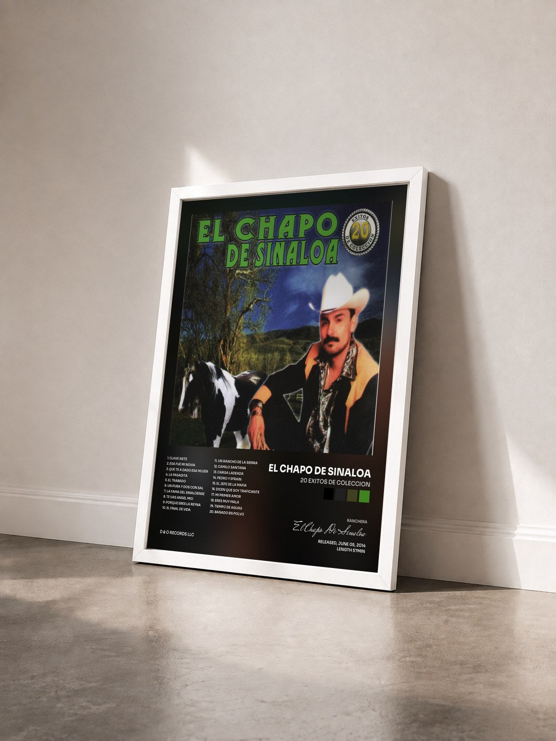 #blanc Tableau de l'album 20 Exitos de Coleccion de El Chapo De Sinaloa vu de trois quarts, cadre blanc