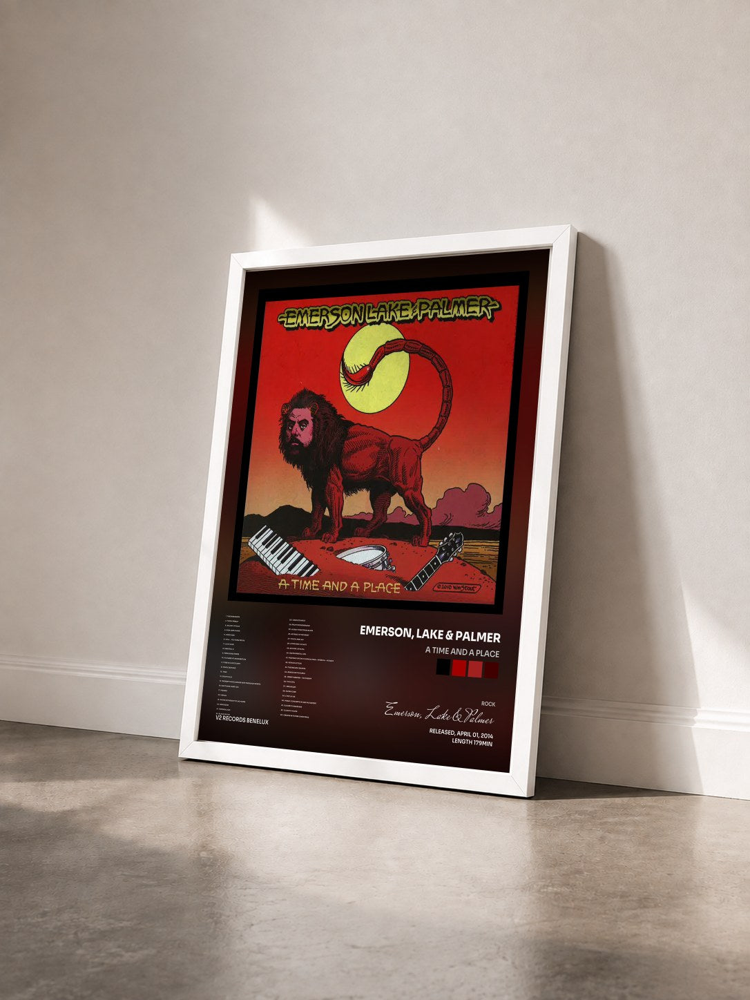 #blanc Tableau de l'album A Time and a Place de Emerson, Lake & Palmer vu de trois quarts, cadre blanc