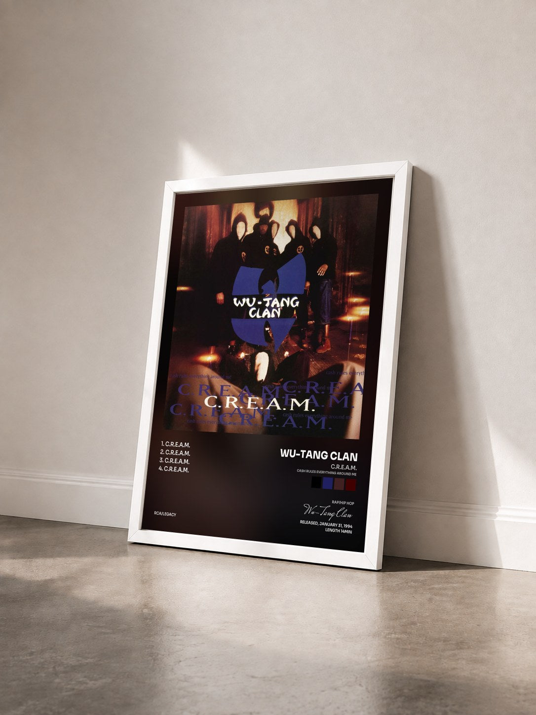 #blanc C.R.E.A.M. (Cash Rules Everything Around Me) by Wu-Tang Clan as a framed art print seen at an angle, white frame