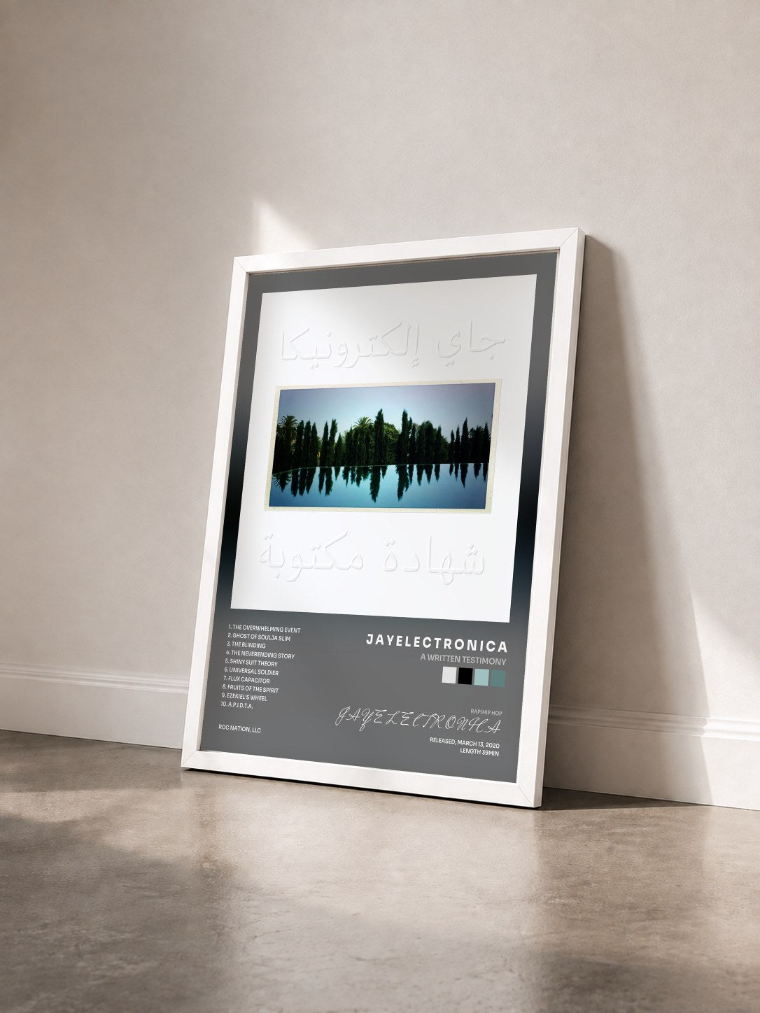 #blanc Tableau de l'album A Written Testimony de J A Y E L E C T R O N I C A vu de trois quarts, cadre blanc
