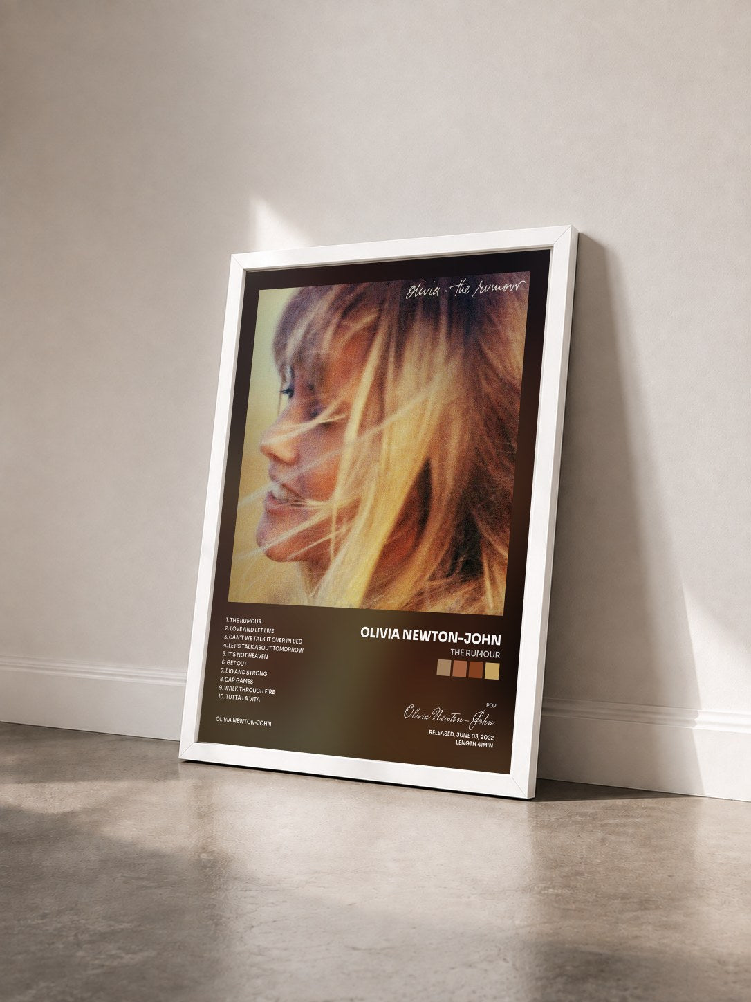 #blanc Tableau de l'album The Rumour de Olivia Newton-John vu de trois quarts, cadre blanc