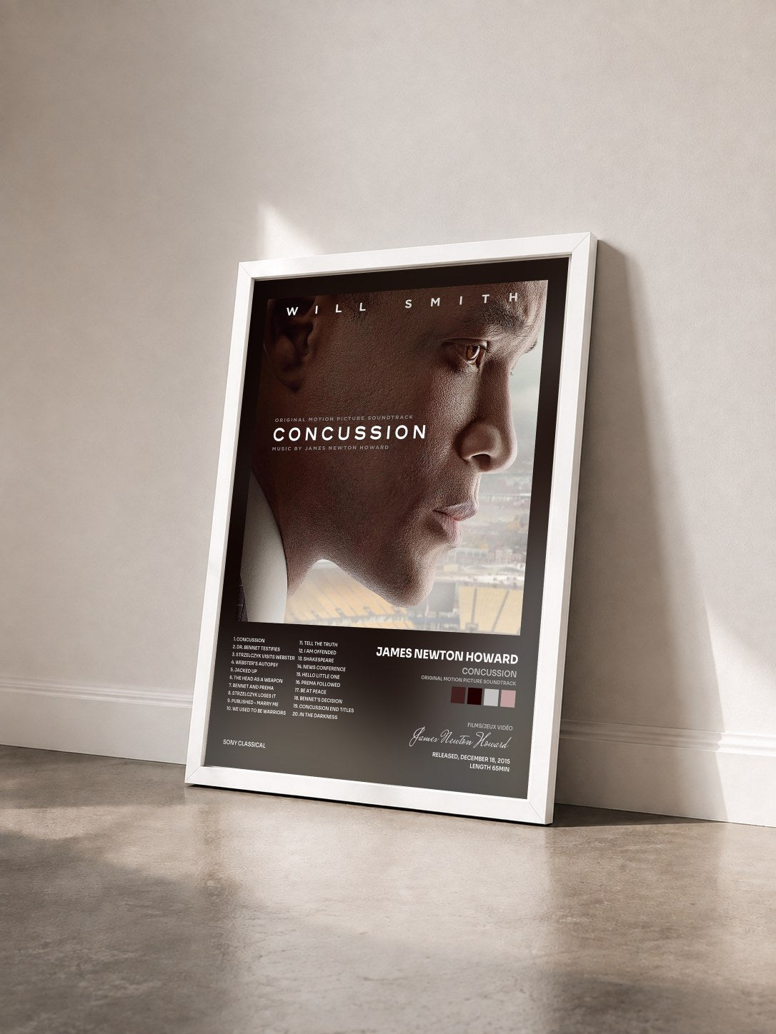 #blanc Concussion (Original Motion Picture Soundtrack) by James Newton Howard as a framed art print seen at an angle, white frame