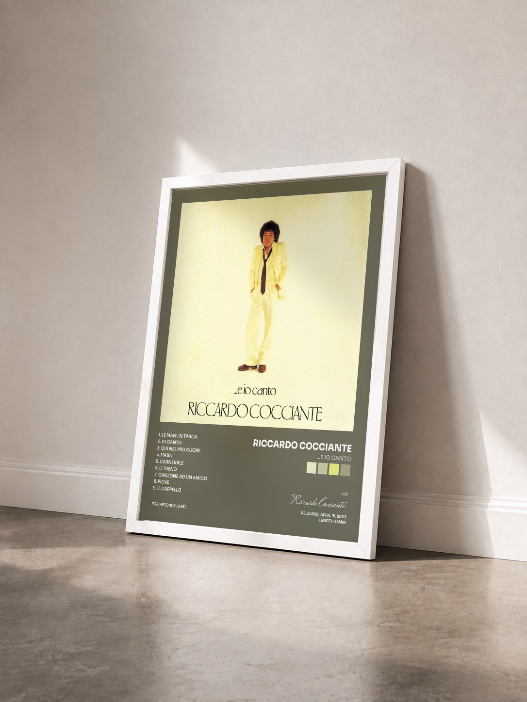 #blanc Tableau de l'album ...E Io Canto de Riccardo Cocciante vu de trois quarts, cadre blanc