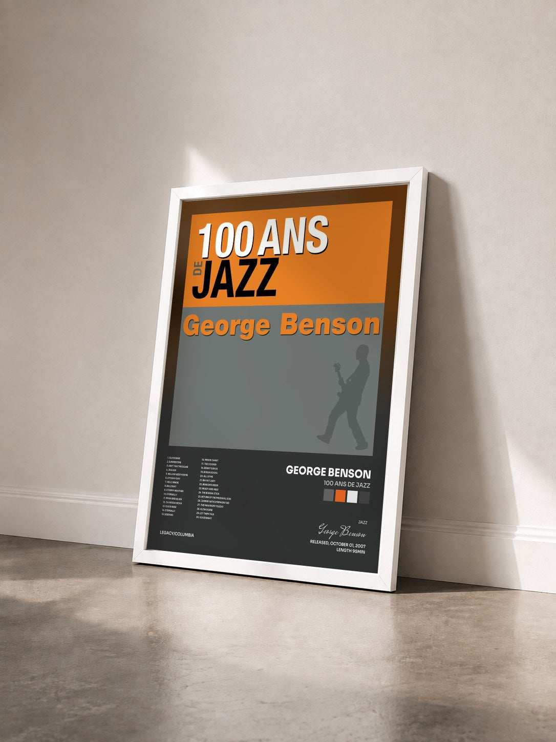 #blanc Tableau de l'album 100 ans de jazz de George Benson vu de trois quarts, cadre blanc