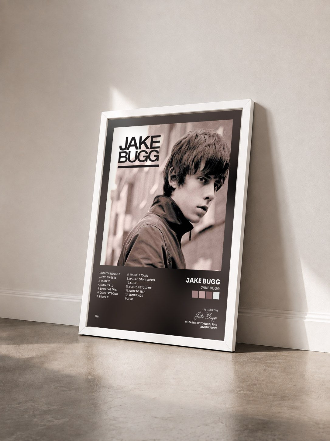 #blanc Tableau de l'album Jake Bugg de Jake Bugg vu de trois quarts, cadre blanc