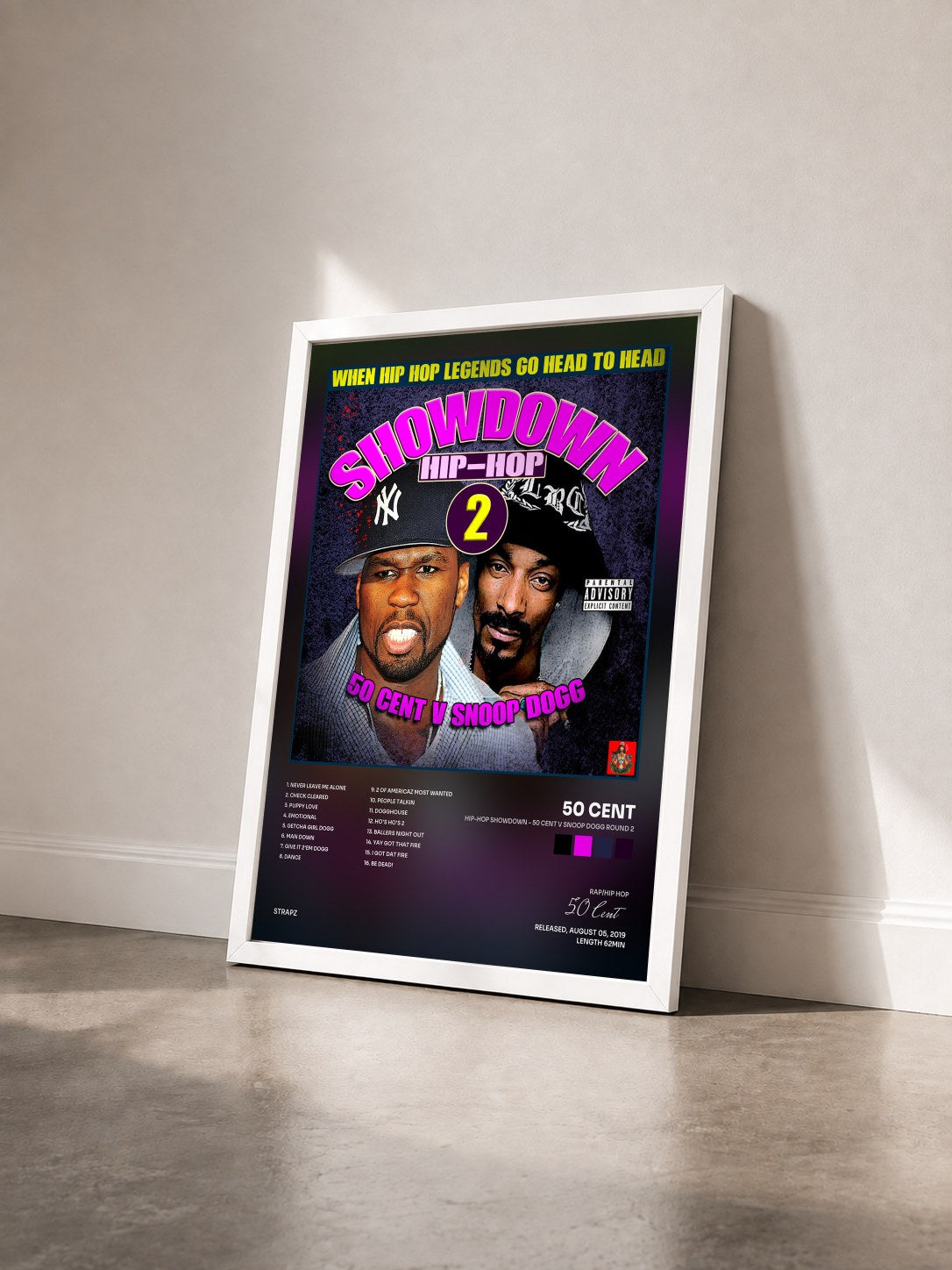 #blanc Tableau de l'album Hip-Hop Showdown - 50 Cent v Snoop Dogg Round 2 de 50 Cent vu de trois quarts, cadre blanc