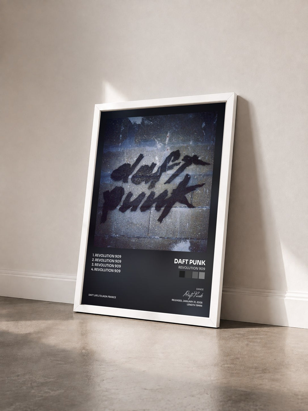 #blanc Tableau de l'album Revolution 909 de Daft Punk vu de trois quarts, cadre blanc