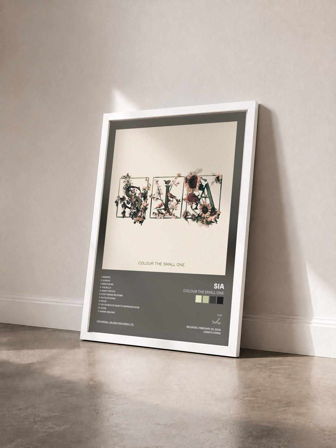 #blanc Tableau de l'album Colour The Small One de Sia vu de trois quarts, cadre blanc