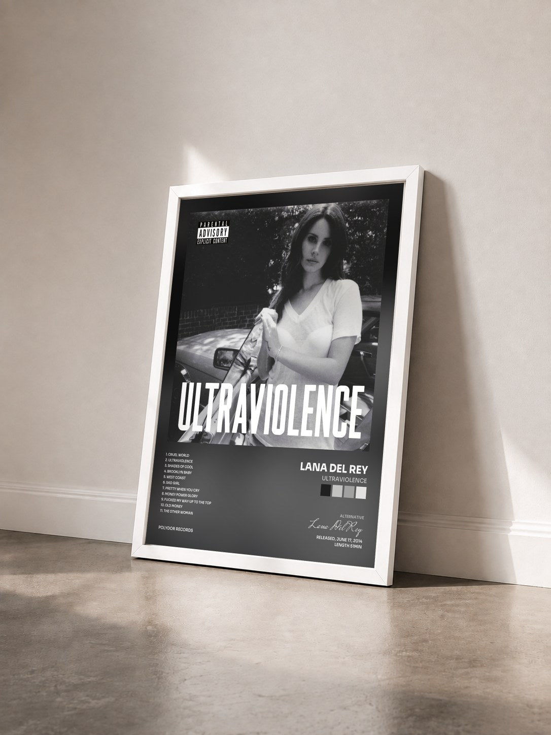 #blanc Ultraviolence di Lana Del Rey in stampa incorniciata vista di tre quarti, cornice bianca