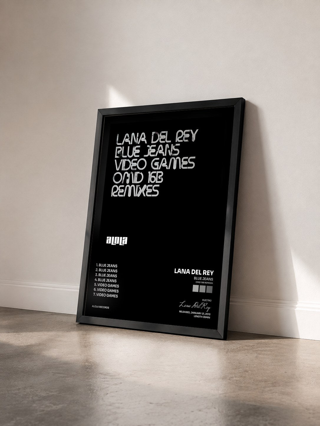 #noir Tableau de l'album Blue Jeans (Omid 16B Remixes) de Lana Del Rey vu de trois quarts, cadre noir