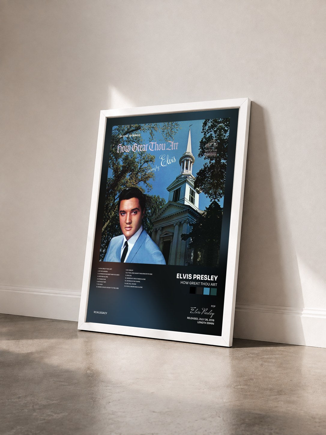 #blanc How Great Thou Art de Elvis Presley en lámina enmarcada vista de tres cuartos, marco blanco