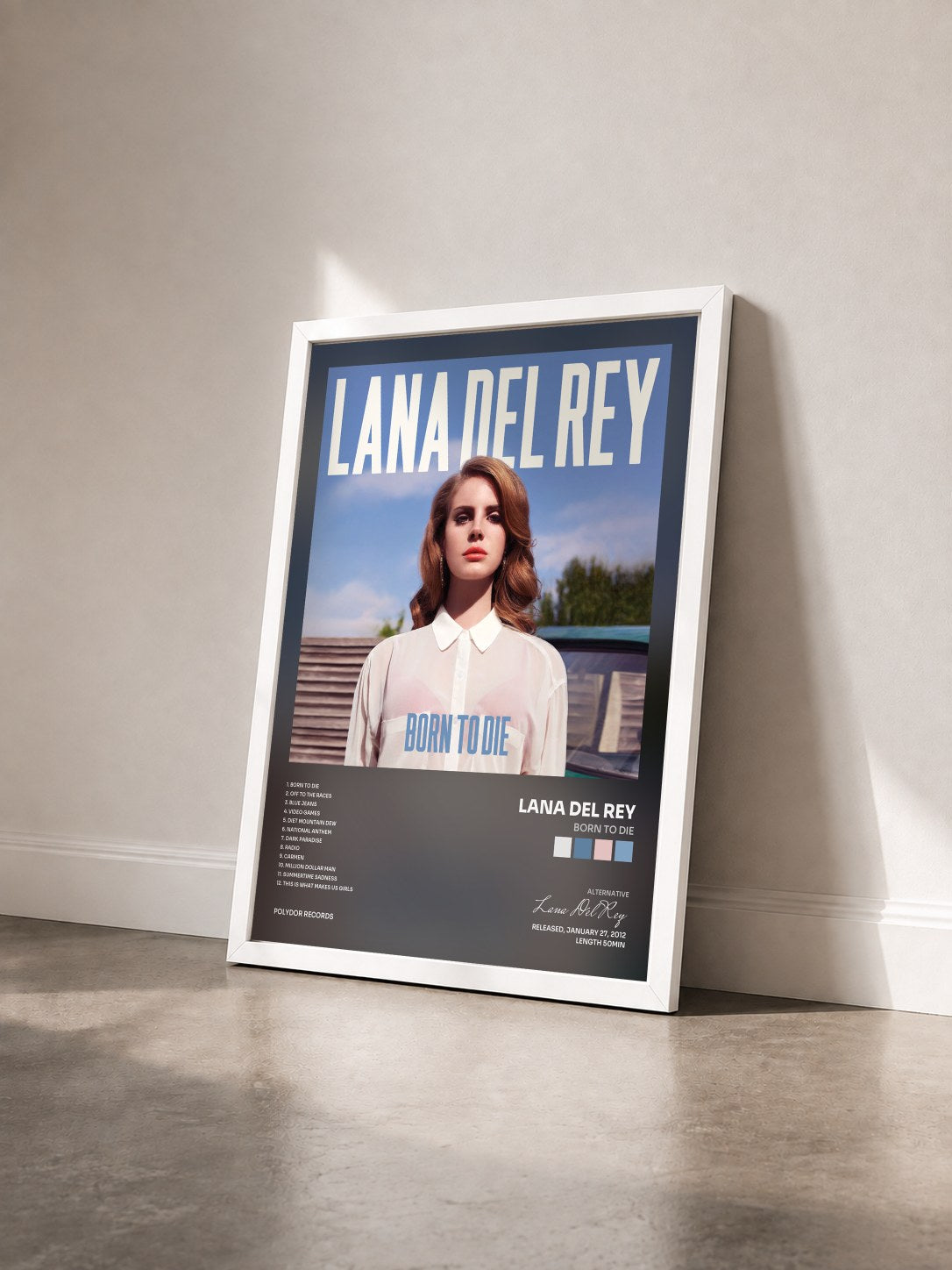 #blanc Born To Die di Lana Del Rey in stampa incorniciata vista di tre quarti, cornice bianca