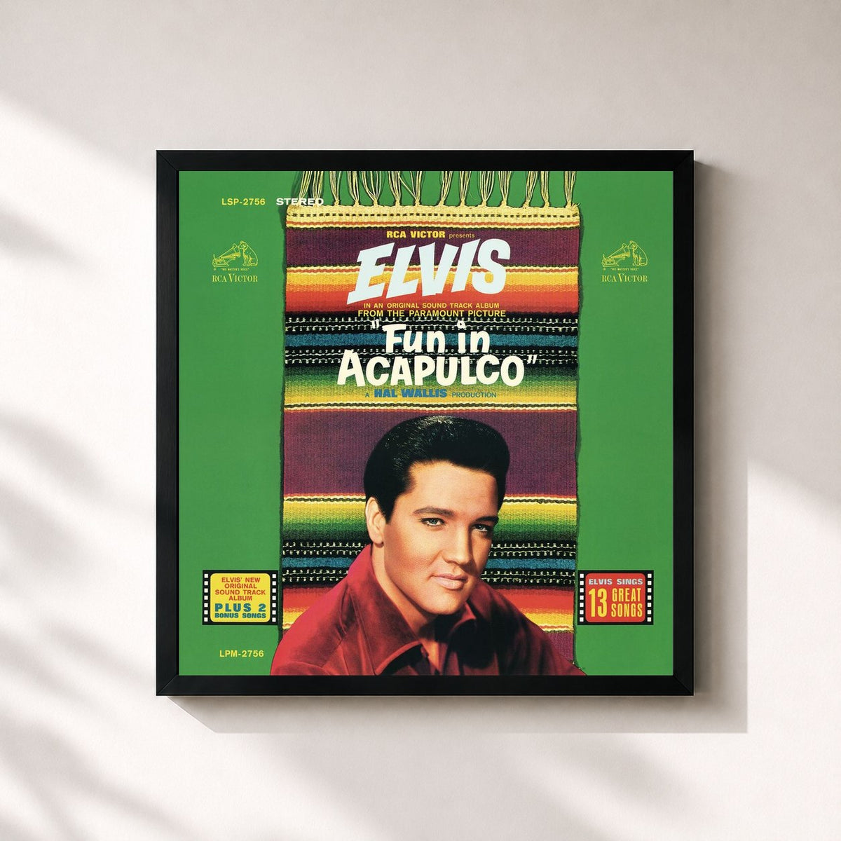 #noir Fun in Acapulco de Elvis Presley en lámina cuadrada enmarcada, marco negro de 32x32 cm