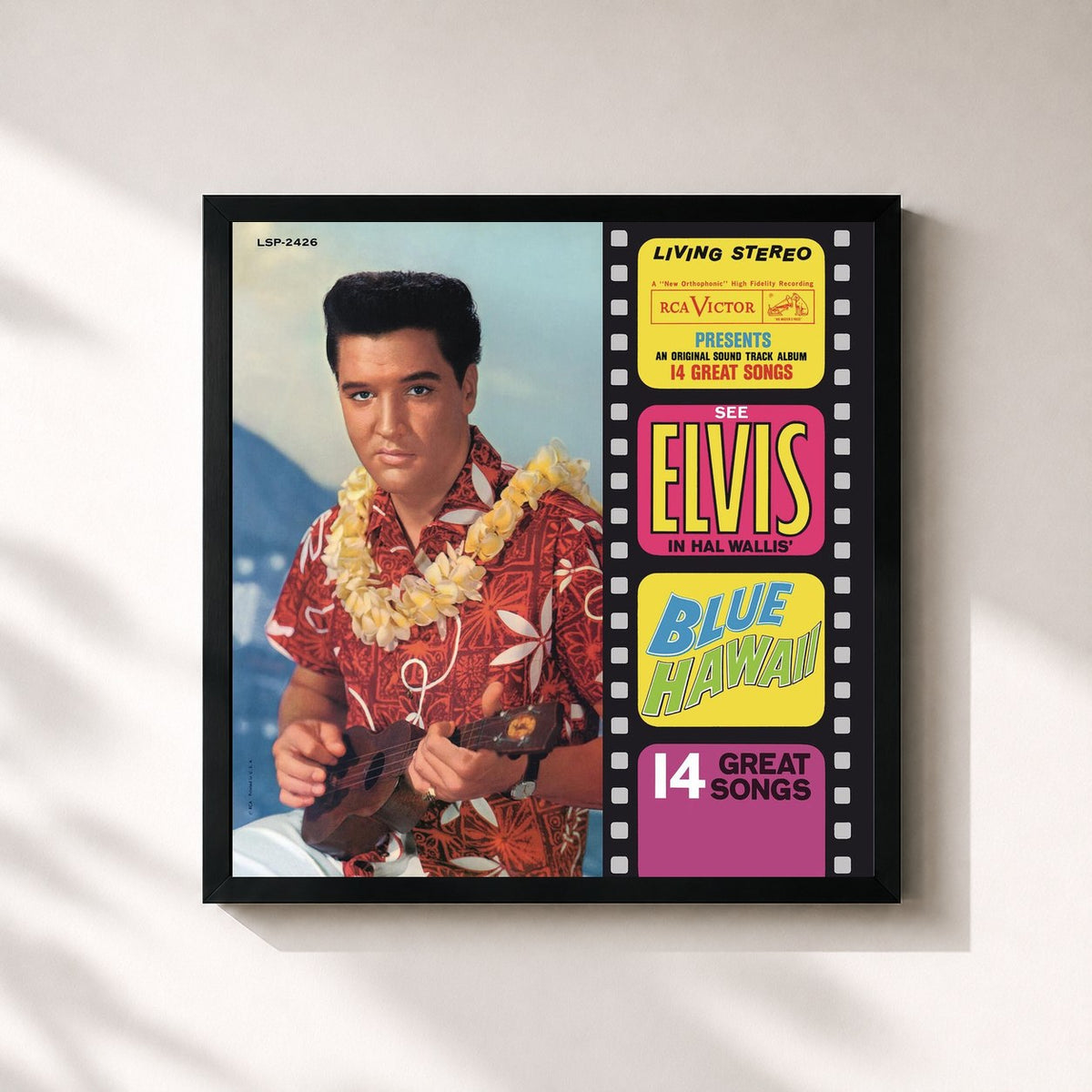 #noir Blue Hawaii de Elvis Presley en lámina cuadrada enmarcada, marco negro de 32x32 cm