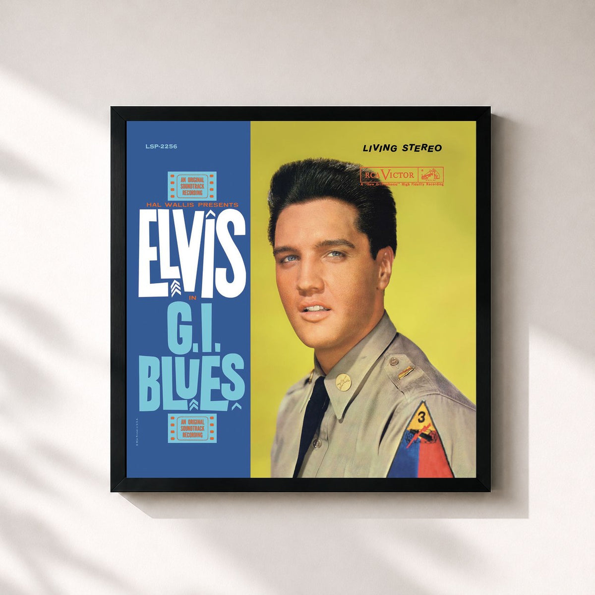 #noir G.I. Blues de Elvis Presley en lámina cuadrada enmarcada, marco negro de 32x32 cm