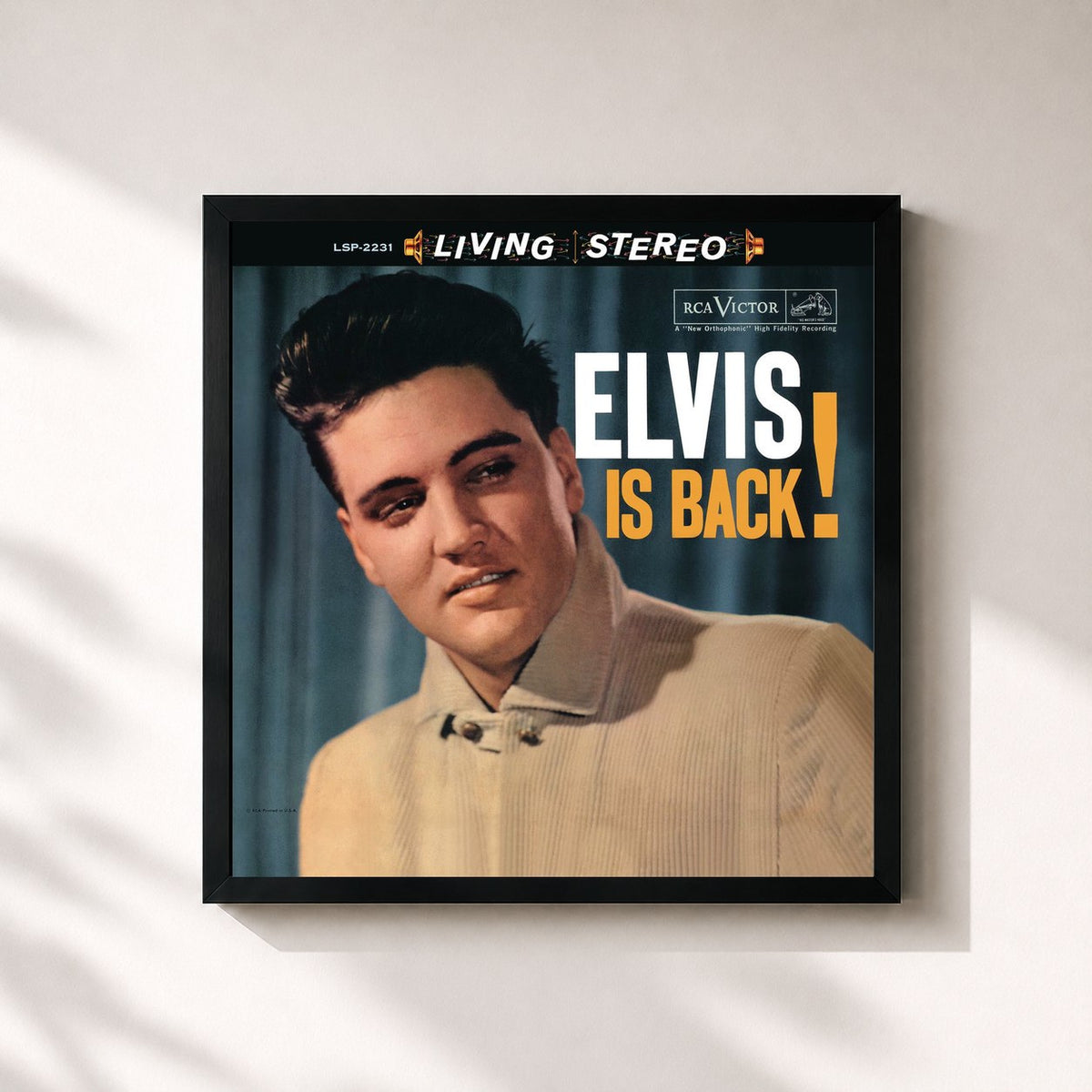 #noir Elvis Is Back de Elvis Presley en lámina cuadrada enmarcada, marco negro de 32x32 cm