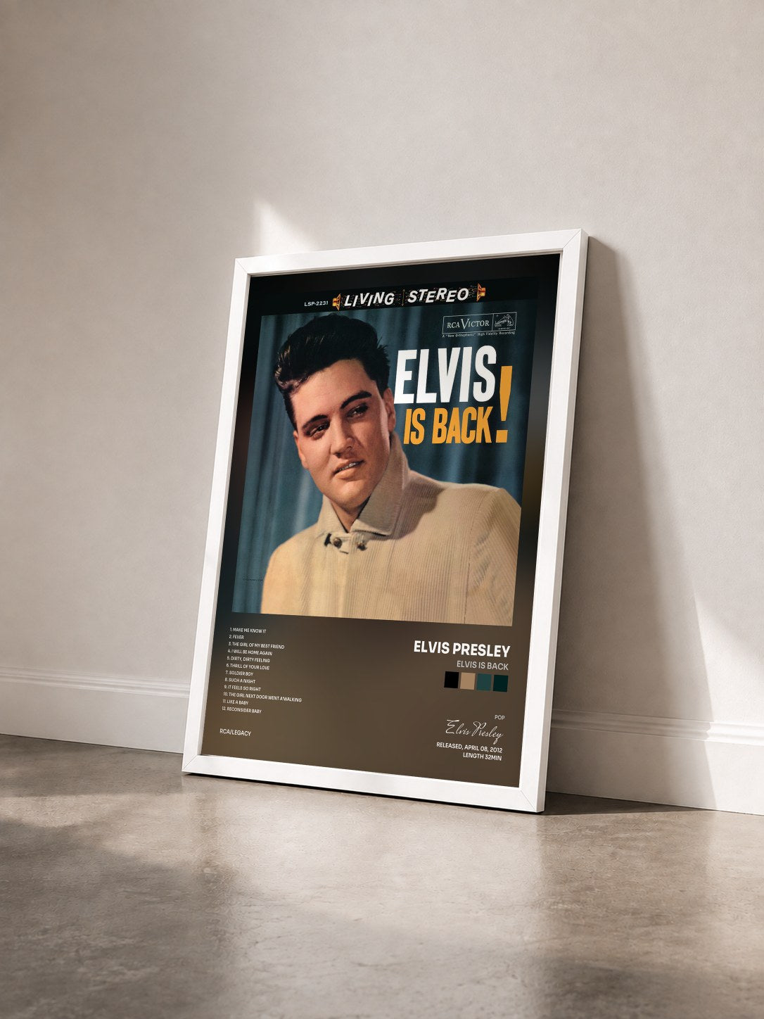 #blanc Elvis Is Back de Elvis Presley en lámina enmarcada vista de tres cuartos, marco blanco