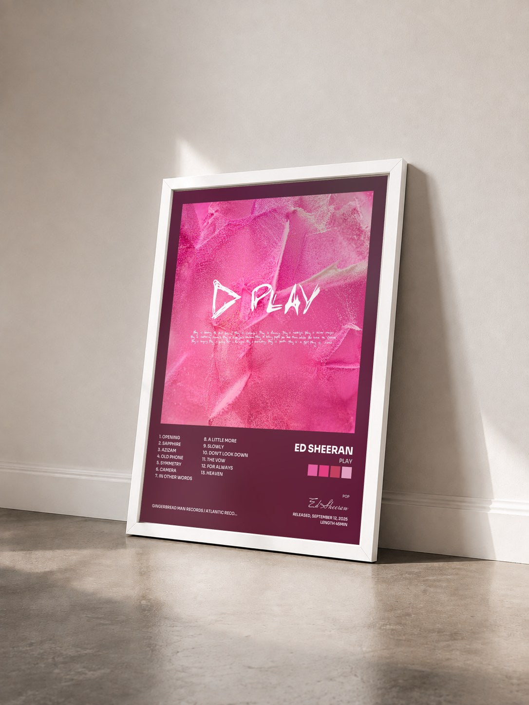 #blanc Tableau de l'album Play de Ed Sheeran vu de trois quarts, cadre blanc