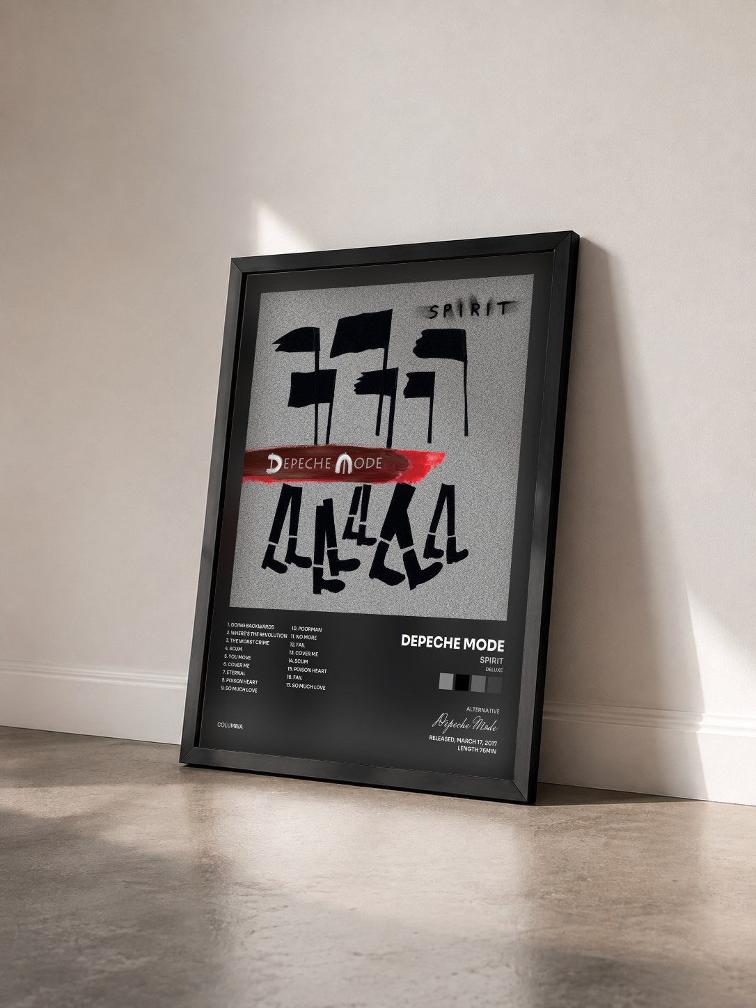 #noir Spirit (Deluxe) by Depeche Mode as a framed art print seen at an angle, black frame