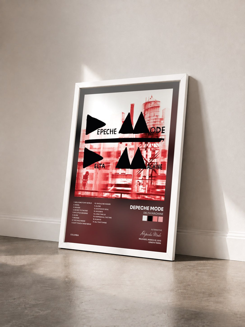 #blanc Tableau de l'album Delta Machine de Depeche Mode vu de trois quarts, cadre blanc