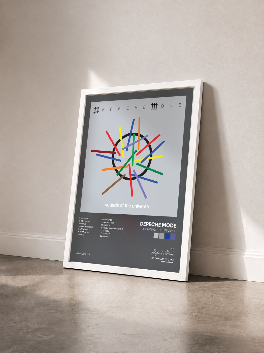 #blanc Sounds of The Universe von Depeche Mode als gerahmter Kunstdruck von schräg gesehen, weißer Rahmen