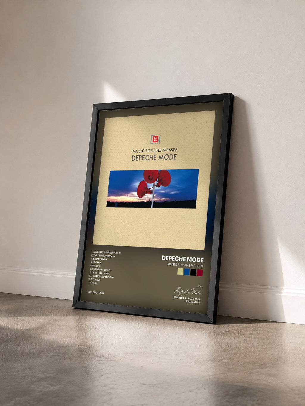 #noir Music for the Masses by Depeche Mode as a framed art print seen at an angle, black frame