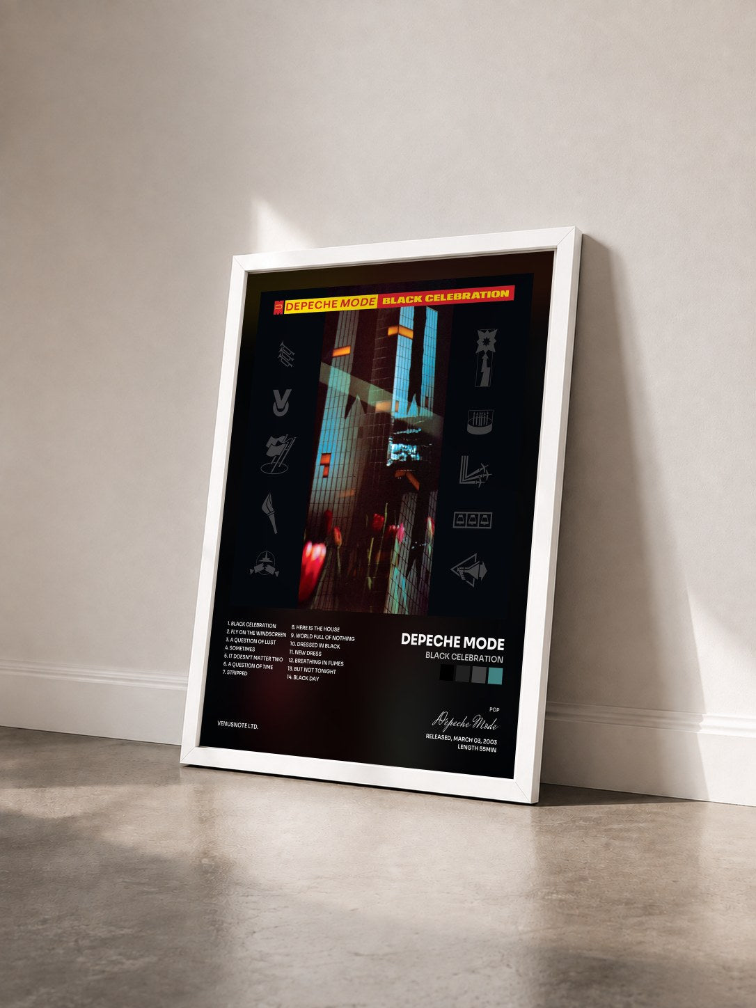#blanc Black Celebration von Depeche Mode als gerahmter Kunstdruck von schräg gesehen, weißer Rahmen