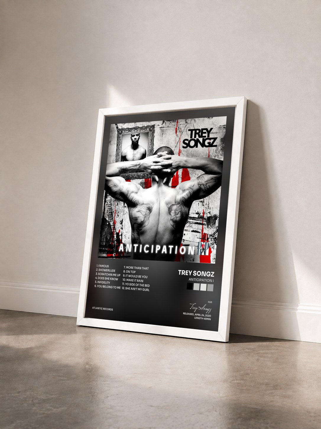 #blanc Tableau de l'album Anticipation I de Trey Songz vu de trois quarts, cadre blanc
