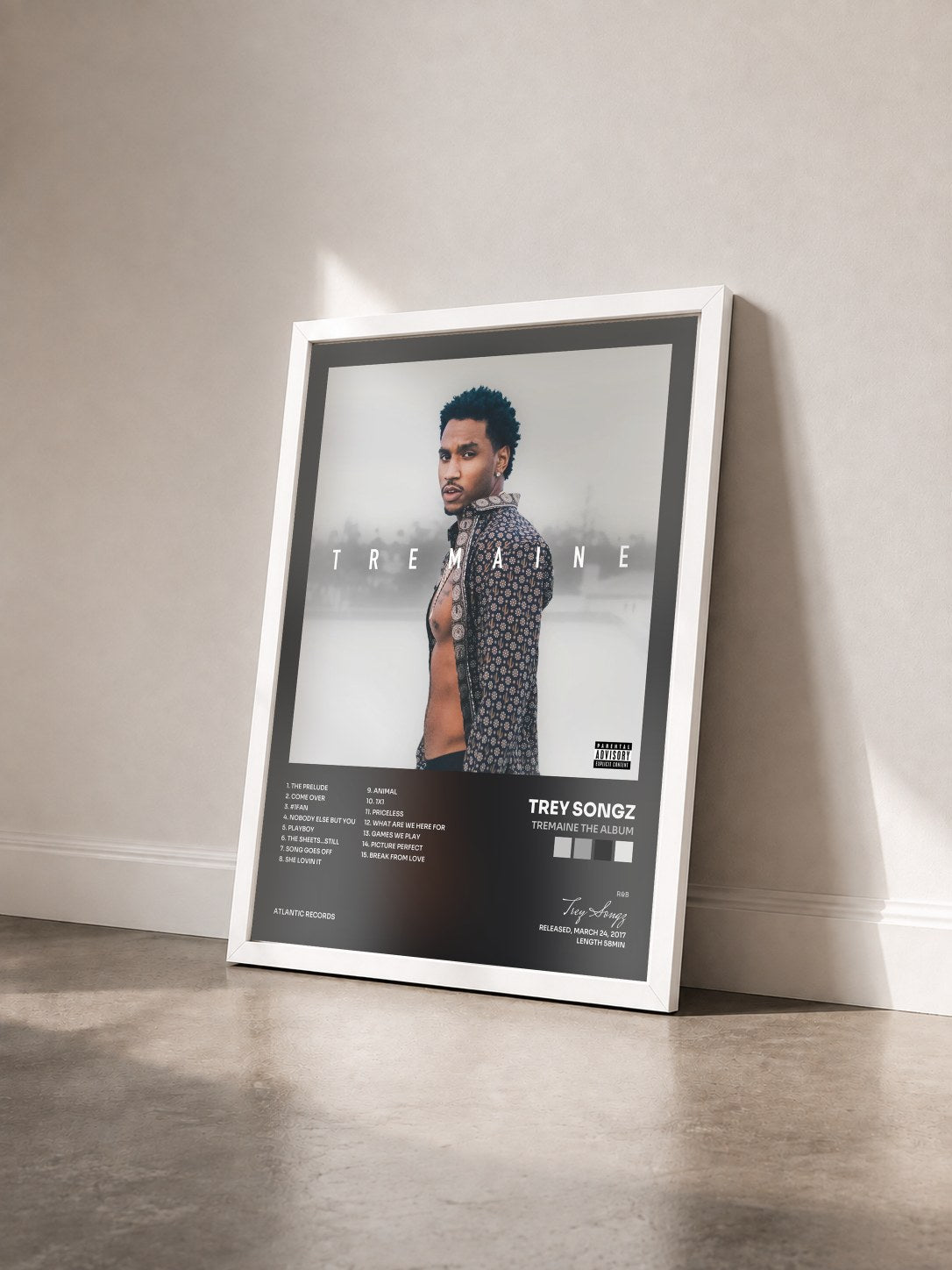 #blanc Tableau de l'album Tremaine the Album de Trey Songz vu de trois quarts, cadre blanc