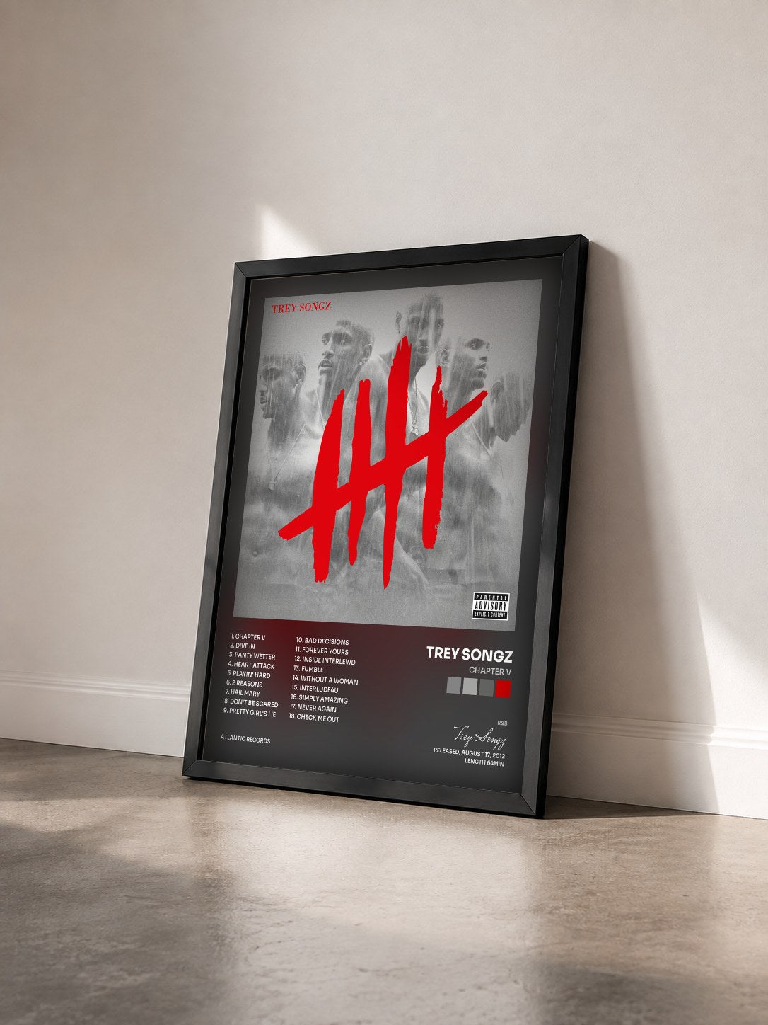 #noir Tableau de l'album Chapter V de Trey Songz vu de trois quarts, cadre noir