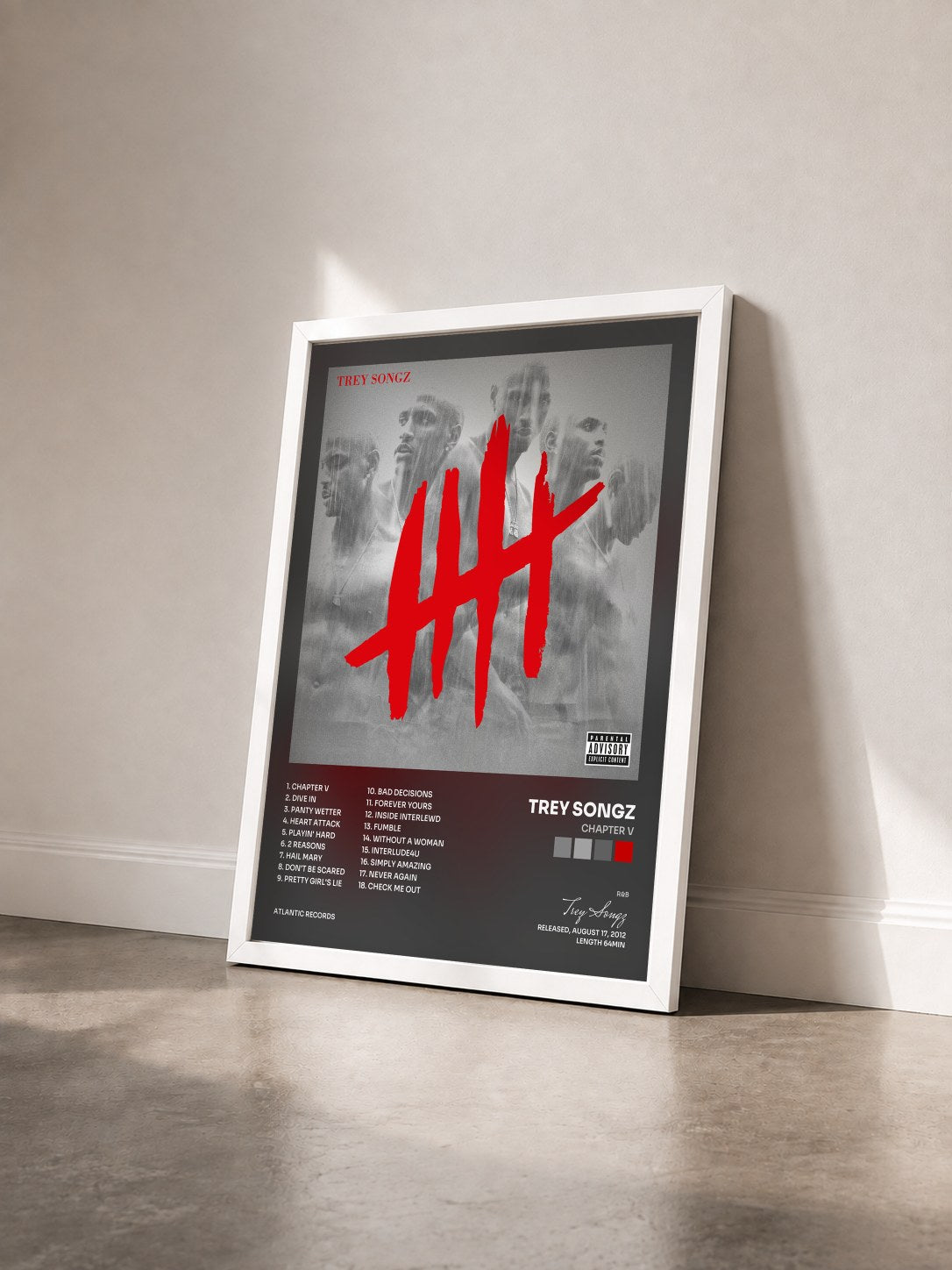 #blanc Tableau de l'album Chapter V de Trey Songz vu de trois quarts, cadre blanc